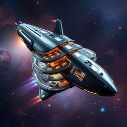 A futuristic space shuttle designed with five distinct levels, showcasing advanced technology and sleek aerodynamics