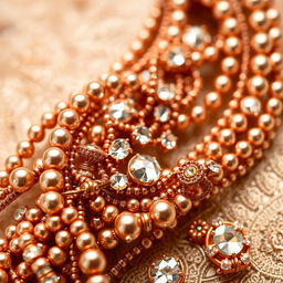An artistic representation featuring intricate shiny bead sequences intertwined with copper wire and French wire designs