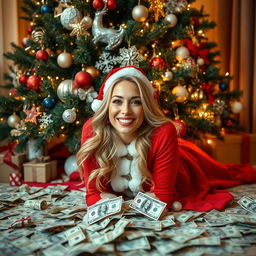 A beautiful blonde woman dressed in a festive Christmas outfit, playfully laying under a decorated Christmas tree