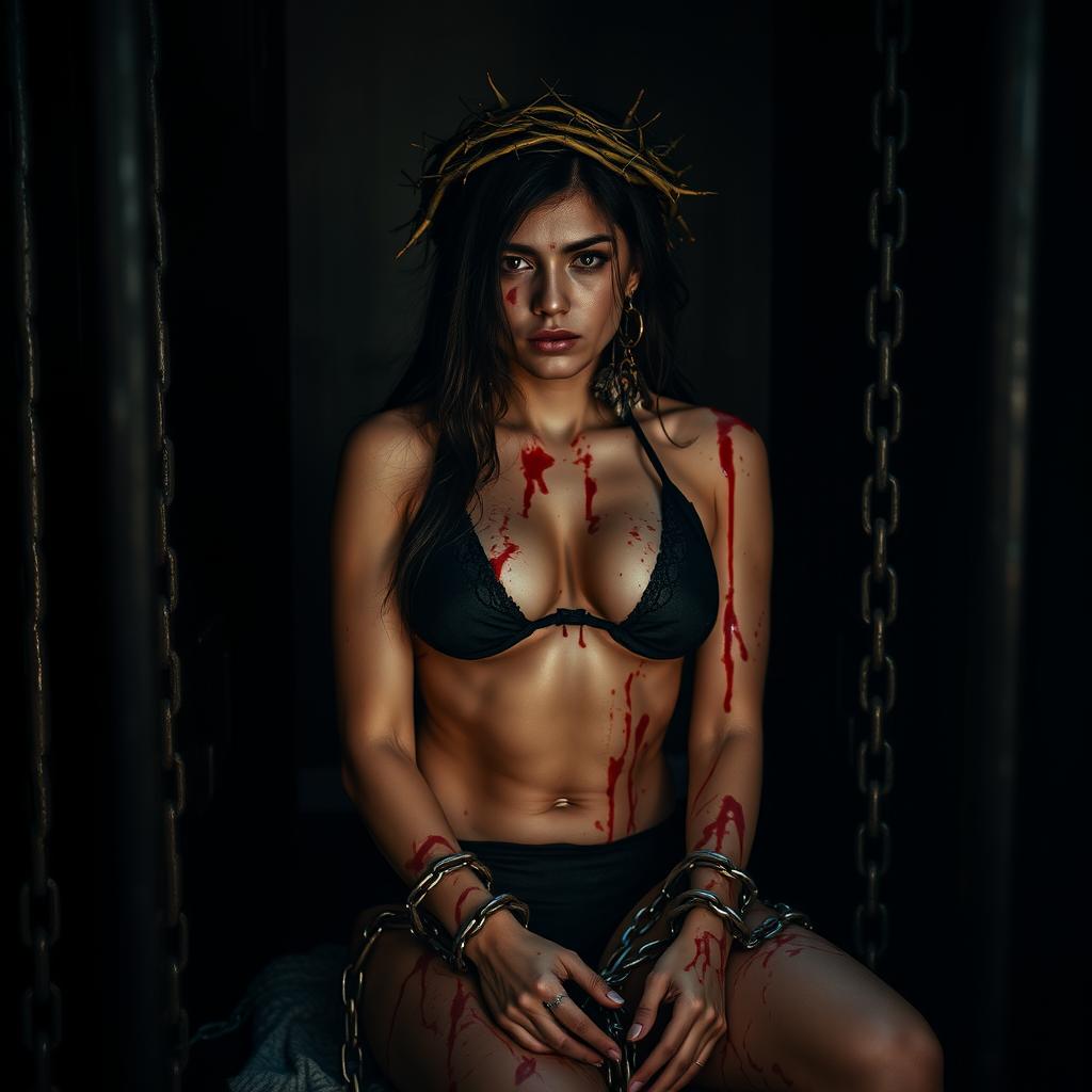 Georgina Rodriguez, depicted in a dramatic and striking scene, wearing a revealing black bikini and a crown of thorns atop her head, capturing a look of suffering on her face