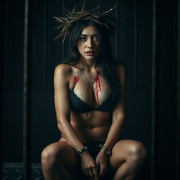 Georgina Rodriguez, depicted in a dramatic and striking scene, wearing a revealing black bikini and a crown of thorns atop her head, capturing a look of suffering on her face