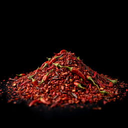 A heap of Aleppo pepper spilled on the ground, with nothing else in the image
