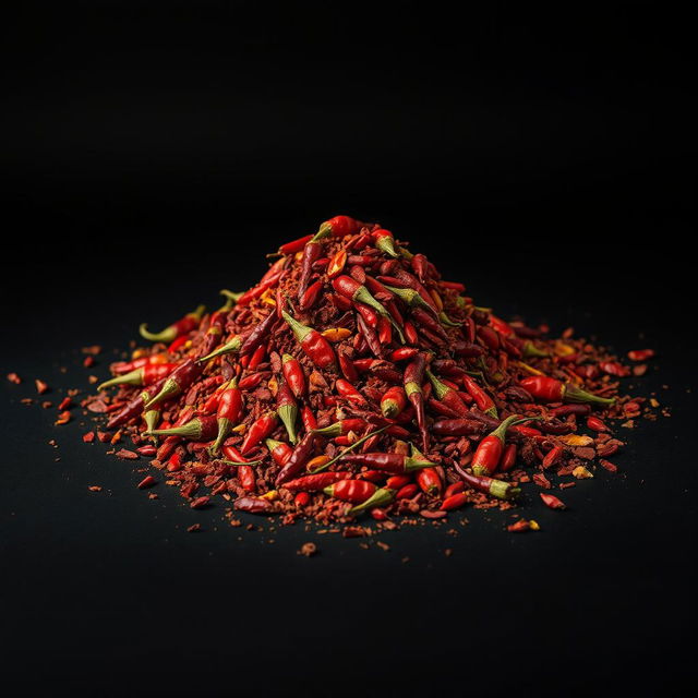 A heap of Aleppo pepper spilled on the ground, with nothing else in the image