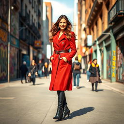 A confident woman standing in the center of a vibrant urban landscape, wearing a stylish red trench coat and black high-heeled boots, with her long wavy hair blowing slightly in the wind