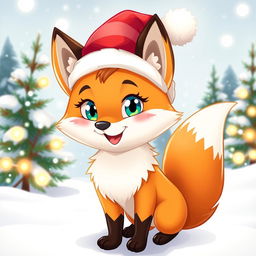 A vibrant illustration of a cheerful, anthropomorphic fox character wearing a festive Christmas hat, surrounded by a winter wonderland scene