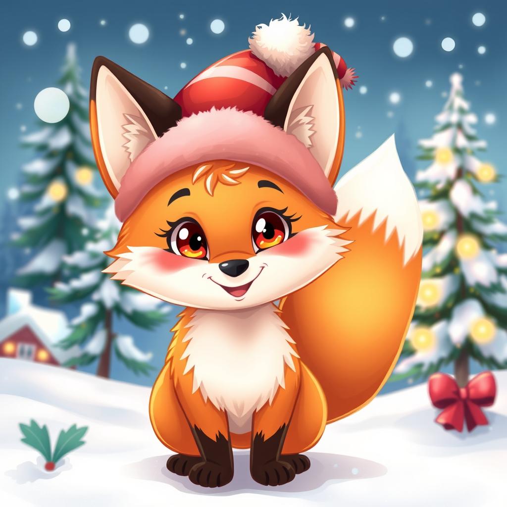 A vibrant illustration of a cheerful, anthropomorphic fox character wearing a festive Christmas hat, surrounded by a winter wonderland scene