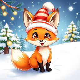 A vibrant illustration of a cheerful, anthropomorphic fox character wearing a festive Christmas hat, surrounded by a winter wonderland scene