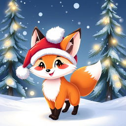 A vibrant illustration of a cheerful, anthropomorphic fox character wearing a festive Christmas hat, surrounded by a winter wonderland scene