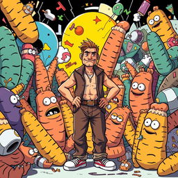 A confident figure standing amidst a chaotic and surreal scene, surrounded by exaggerated, oversized, cartoonish representations of dicks