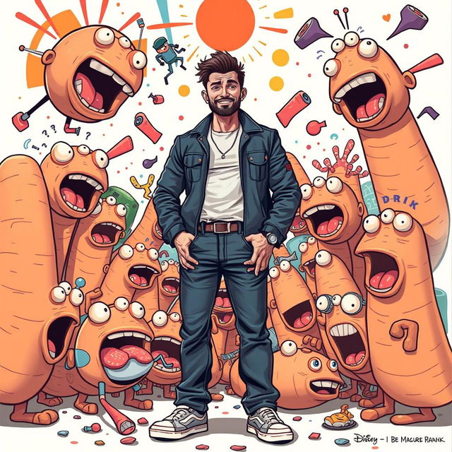 A confident figure standing amidst a chaotic and surreal scene, surrounded by exaggerated, oversized, cartoonish representations of dicks