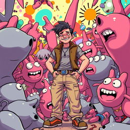 A confident figure standing amidst a chaotic and surreal scene, surrounded by exaggerated, oversized, cartoonish representations of dicks