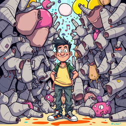 A confident figure standing amidst a chaotic and surreal scene, surrounded by exaggerated, oversized, cartoonish representations of dicks