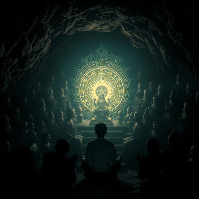 A dark cave setting filled with shadows of various Hindu religious statues and symbols, creating an atmosphere of mystery