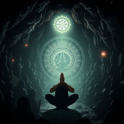A dark cave setting filled with shadows of various Hindu religious statues and symbols, creating an atmosphere of mystery