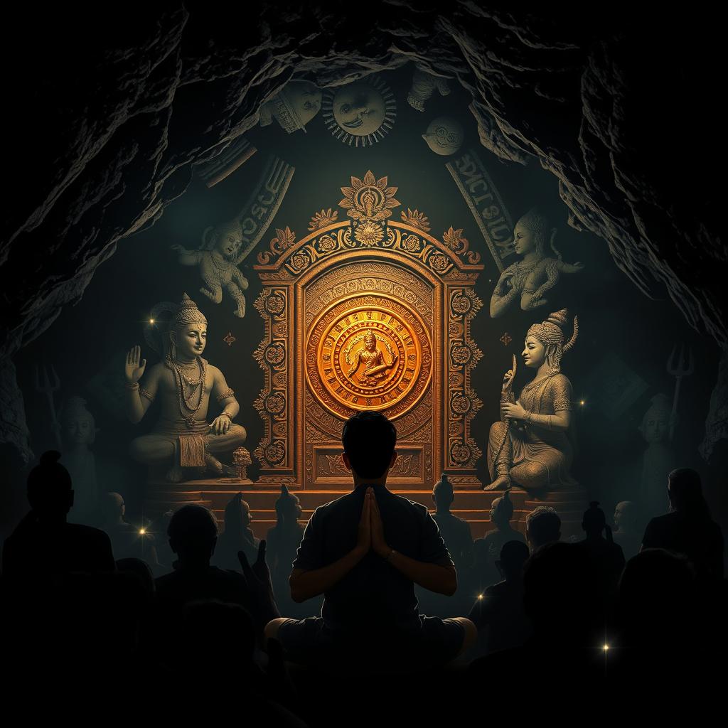 A dark cave setting filled with shadows of various Hindu religious statues and symbols, creating an atmosphere of mystery