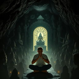 A dark cave setting filled with shadows of various Hindu religious statues and symbols, creating an atmosphere of mystery