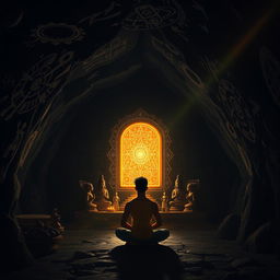 In a dark and enchanting cave, shadows of various Hindu religious statues and symbols play across the rugged walls