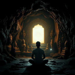 In a dark and enchanting cave, shadows of various Hindu religious statues and symbols play across the rugged walls