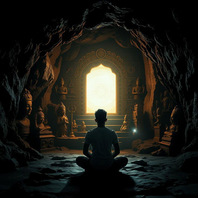 In a dark and enchanting cave, shadows of various Hindu religious statues and symbols play across the rugged walls