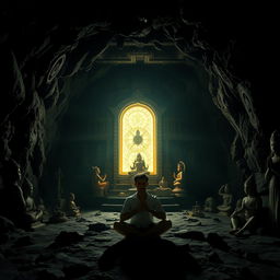 In a dark and enchanting cave, shadows of various Hindu religious statues and symbols play across the rugged walls