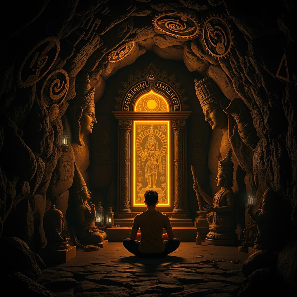 In a dark and enchanting cave, shadows of various Hindu religious statues and symbols play across the rugged walls