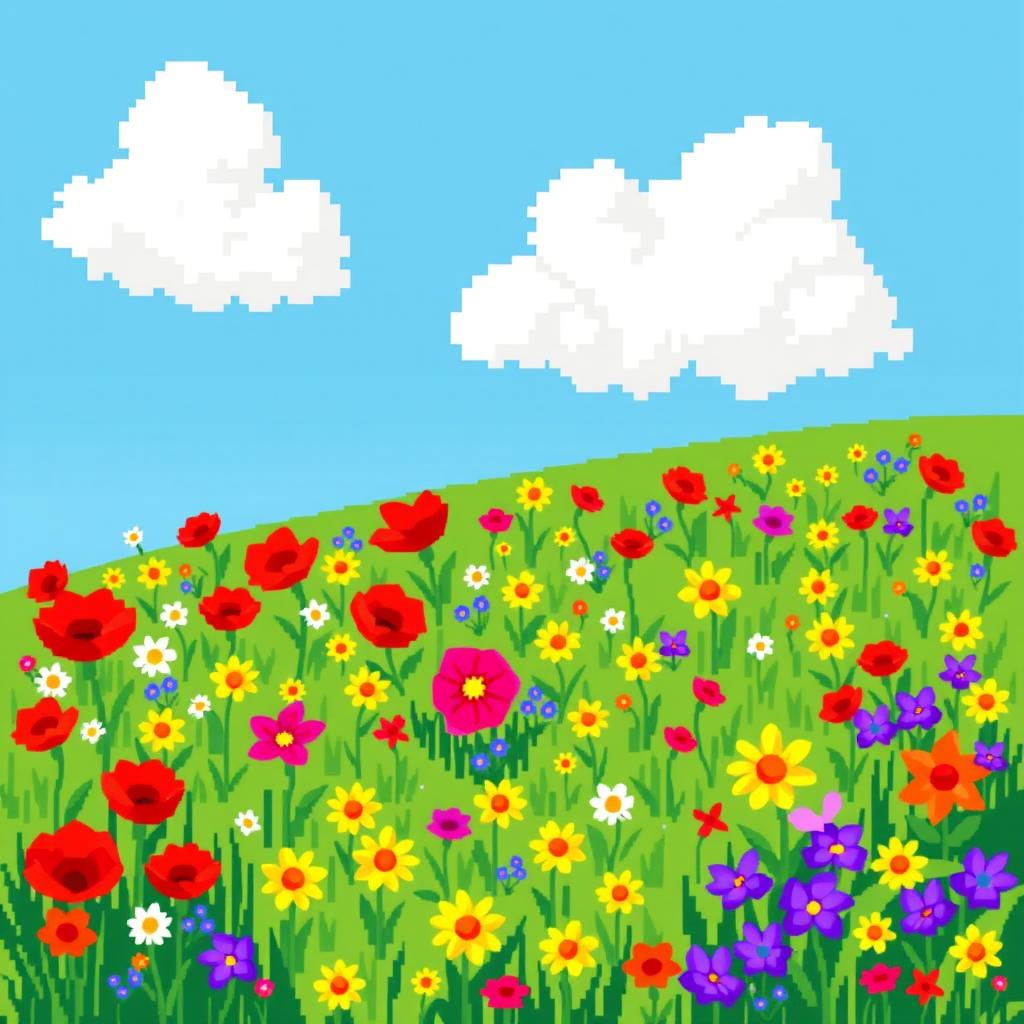 A vibrant pixel art scene depicting a beautiful field filled with an array of colorful flowers