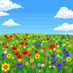 A vibrant pixel art scene depicting a beautiful field filled with an array of colorful flowers
