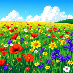 A vibrant pixel art scene depicting a beautiful field filled with an array of colorful flowers