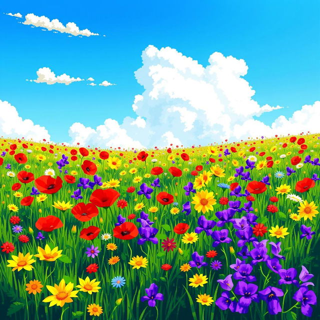 A vibrant pixel art scene depicting a beautiful field filled with an array of colorful flowers