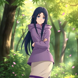 Hinata Hyuga from Naruto, a young woman with long dark blue hair, wearing her traditional lavender jacket with a hood and cream-colored pants, standing confidently in a lush green forest