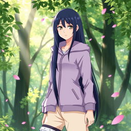 Hinata Hyuga from Naruto, a young woman with long dark blue hair, wearing her traditional lavender jacket with a hood and cream-colored pants, standing confidently in a lush green forest
