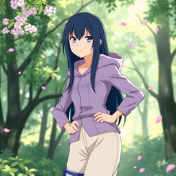 Hinata Hyuga from Naruto, a young woman with long dark blue hair, wearing her traditional lavender jacket with a hood and cream-colored pants, standing confidently in a lush green forest