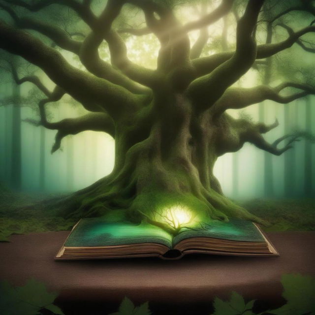 An ancient, mystical tree with a massive, gnarled trunk and rich green foliage, emerging from an open book