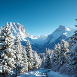 A stunning snowy mountain landscape featuring towering, snow-covered peaks under a clear blue sky