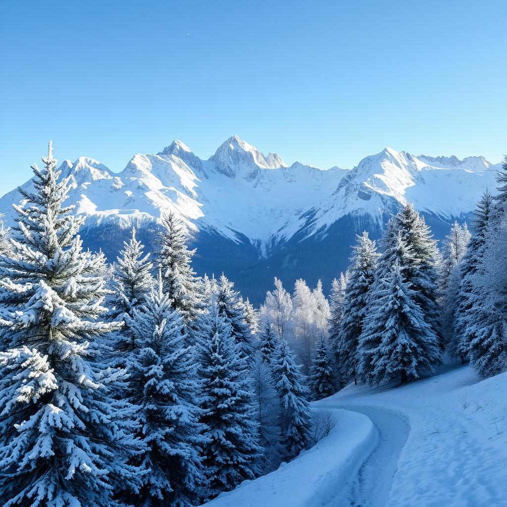 A stunning snowy mountain landscape featuring towering, snow-covered peaks under a clear blue sky