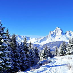 A stunning snowy mountain landscape featuring towering, snow-covered peaks under a clear blue sky