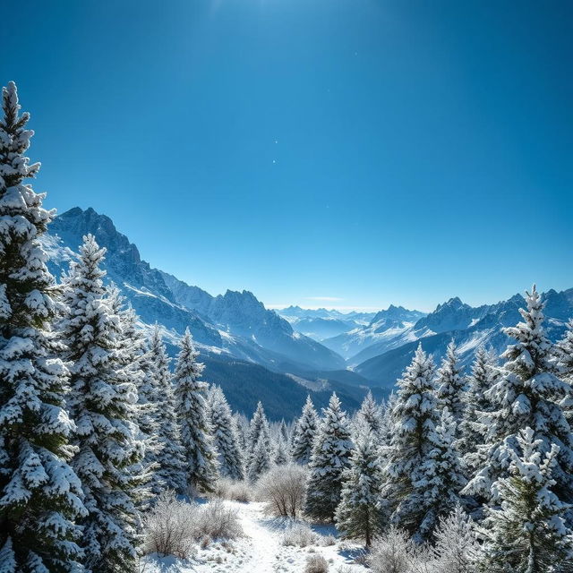 A stunning snowy mountain landscape featuring towering, snow-covered peaks under a clear blue sky