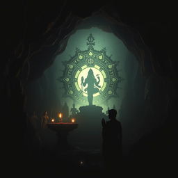 In a dark, shadowy cave, the silhouettes of various Hindu religious statues and symbols are cast across the jagged rock walls