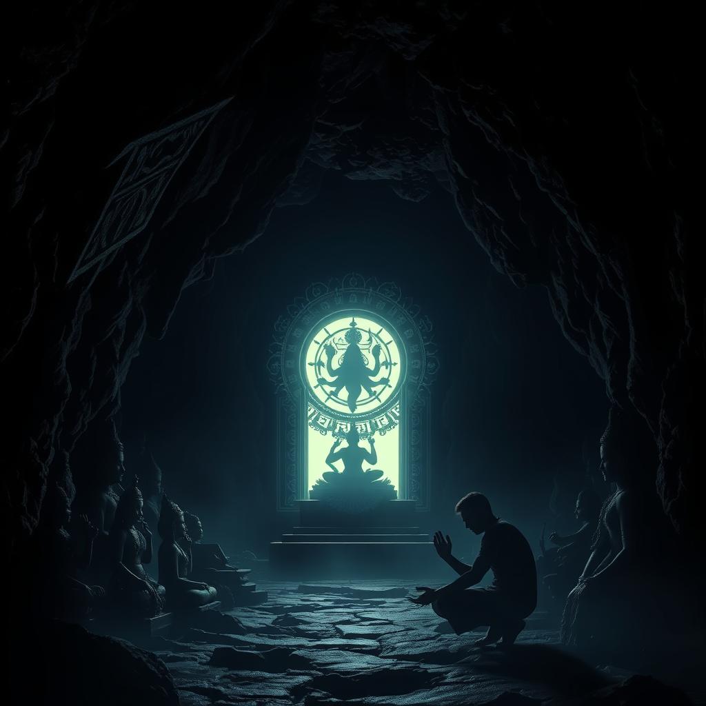 In a dark, shadowy cave, the silhouettes of various Hindu religious statues and symbols are cast across the jagged rock walls