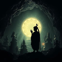 In a dark, shadowy cave, the silhouettes of various Hindu religious statues and symbols are cast across the jagged rock walls