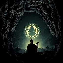 In a dark, shadowy cave, the silhouettes of various Hindu religious statues and symbols are cast across the jagged rock walls