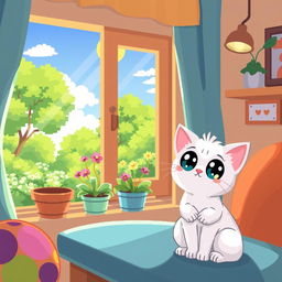 A charming pixel art scene featuring a cute cat sitting at home, gazing out a window