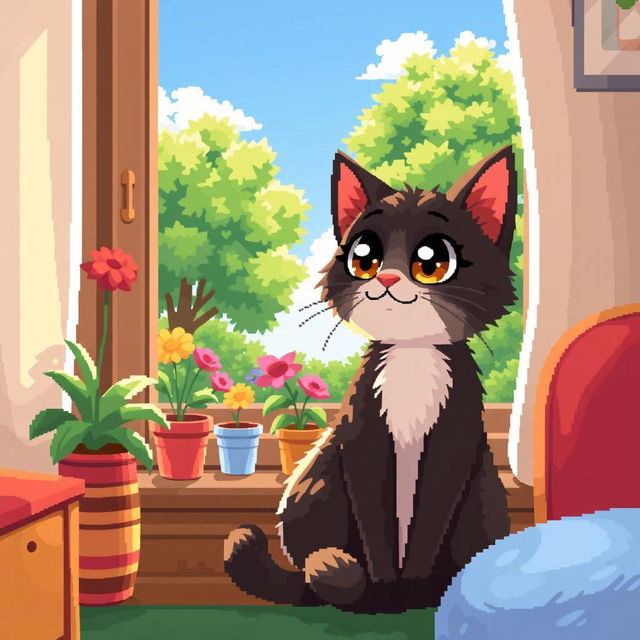 A charming pixel art scene featuring a cute cat sitting at home, gazing out a window