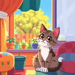 A charming pixel art scene featuring a cute cat sitting at home, gazing out a window