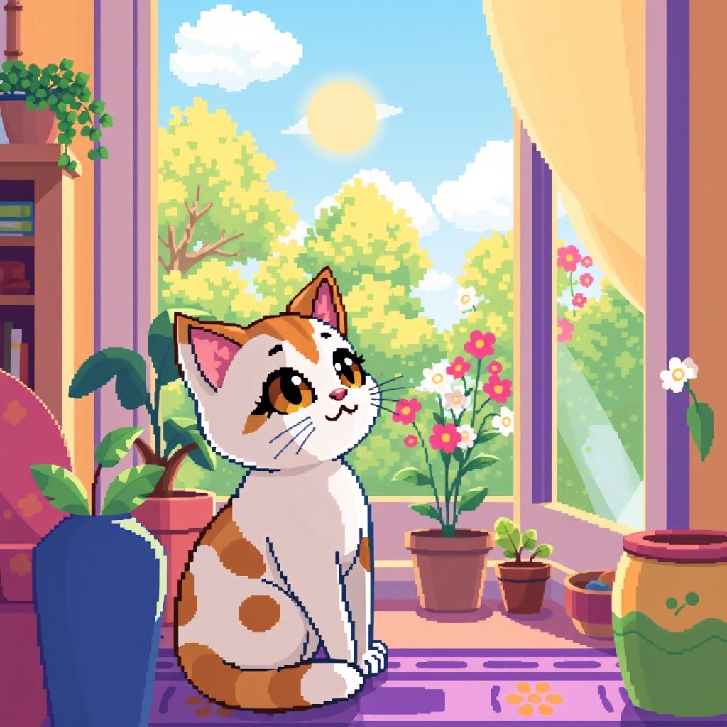 A charming pixel art scene featuring a cute cat sitting at home, gazing out a window