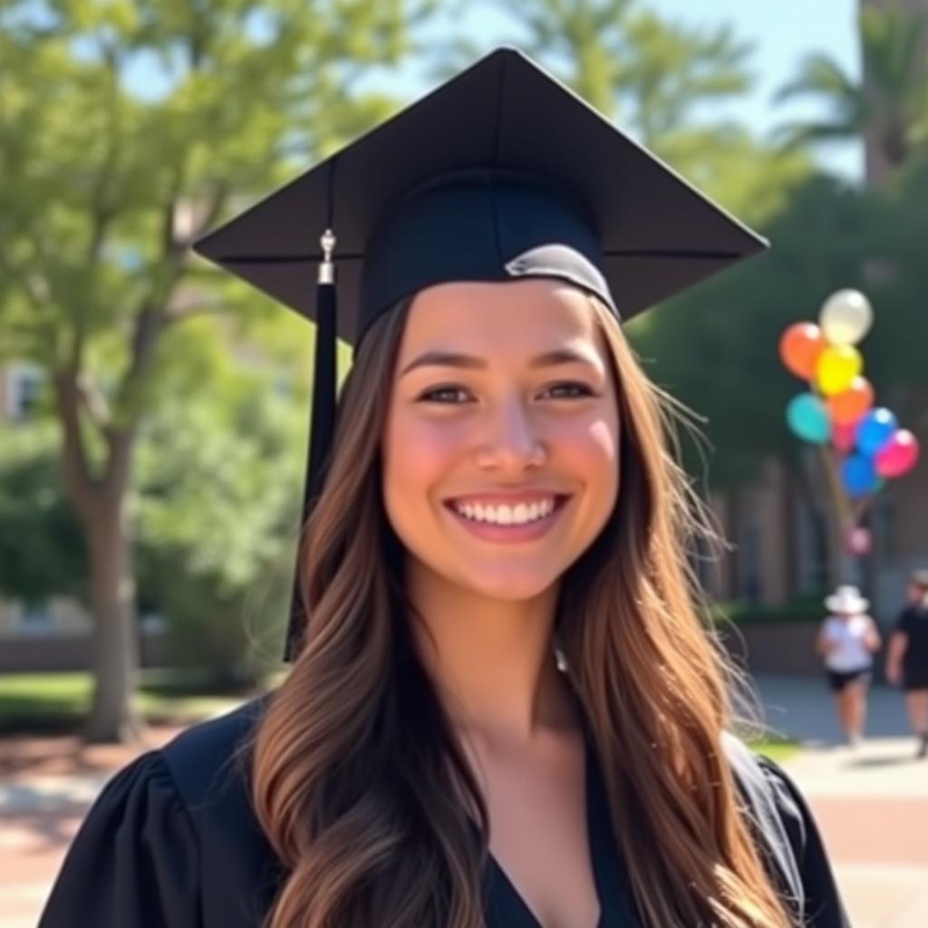 A young woman wearing a traditional graduation cap, smiling brightly, with a background of a university campus