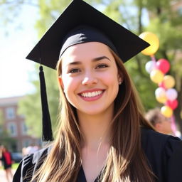 A young woman wearing a traditional graduation cap, smiling brightly, with a background of a university campus