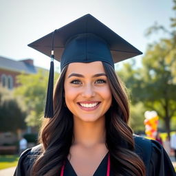 A young woman wearing a traditional graduation cap, smiling brightly, with a background of a university campus