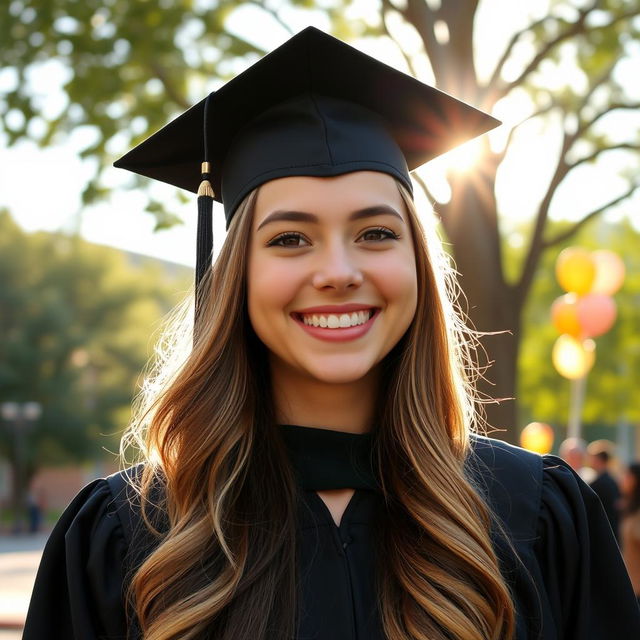 A young woman wearing a traditional graduation cap, smiling brightly, with a background of a university campus