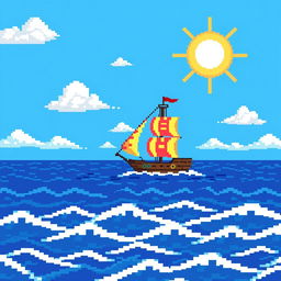 A pixel art style ship sailing on a vast, pixelated ocean under a bright blue sky